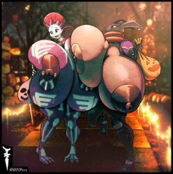 anthro big_breasts bone breast_squish breasts capcom clothing cosplay costume dnp101 female generation_4_pokemon generation_6_pokemon greninja halloween hi_res holidays huge_breasts hyper hyper_breasts nintendo nipple_piercing nipples piercing pokémon_(species) pokemon pokemon_(species) skeleton squish street_fighter thick_thighs weavile