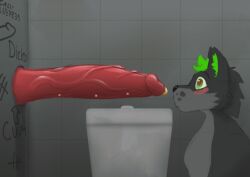 <3_eyes animated anthro bathroom big_penis blush blush_lines bodily_fluids canid canine canis cum cum_drip cum_drop cum_in_mouth cum_inside dark_body dark_fur digital_media_(artwork) drinking drinking_cum dripping duo ejaculation english_text erection felid feline felis fellatio fur genital_fluids genital_piercing genitals glory_hole graffiti green_body green_eyes green_fur green_hair grey_background grey_body grey_fur hair happy happy_sex heart huge_cock humanoid_genitalia humanoid_penis hyper hyper_genitalia hyper_penis layamaeru lino_(lino_the_lion) lino_the_lion lion long_penis male male/male male_penetrating mammal nude open_mouth oral oral_penetration orgasm pantherine penetration penile penis penis_piercing piercing public_restroom restroom_stall sex shaded short_playtime simple_background smile tears tears_of_pleasure text throbbing throbbing_penis tile tile_wall toilet wall_(structure) widescreen wolf