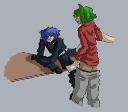 2boys anal danganronpa danganronpa_another fanganronpa gay handjob kinjo_tsurugi mostly_clothed on_table otori_teruya pants_down penis sdra2 straight_hair super_danganronpa_another_2 yaoi