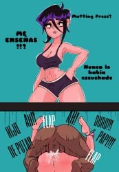 1boy 1girls backsack black_hair comic_page español female goth_girl large_breasts mating_press original_character partial_male pink_panties spanish_text text valbun valbun_(oc)