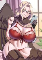 1girls 2023 2d 2d_(artwork) :) big_breasts big_thighs blonde_hair bra braided_hair breasts cleavage clothed clothed_female curvaceous curves curvy curvy_body curvy_female curvy_figure curvy_hips eyebrows eyelashes female female_focus female_only glasses green_eyes hi_res highres hips holding_phone hourglass_figure huge_breasts huge_thighs large_breasts large_thighs lifting_shirt light-skinned_female light_skin lizz_(mr.cinders) long_hair metallic_hand midriff milf mr.cinders navel original original_character panties phone red_bra red_panties selfie sitting smile solo solo_female solo_focus stevechopz thick_thighs thighhighs thighs wide_hips wings