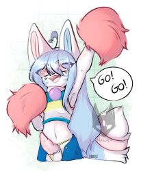 <3_eyes ambiguous_gender anthro ball_tuft balls blue_body blue_fur canid canine cheerful cheering cheerleader cheerleading_pose clothing collar erection fennec fluffy fluffy_tail fox fur genitals hair happy heart hi_res knot long_hair maiiyu maiiyumi mammal penis pink_body pink_fur solo tail tuft underwear white_body