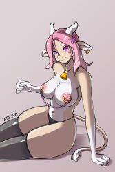 anthro biped bottomwear bovid bovine breasts cattle clothing collar_bell ear_piercing female fingers horn legwear looking_at_viewer mammal navel navel_piercing nipple_piercing nipples piercing pink_nipples pinup pose simple_background sitting smile solo stockings welive wide_hips