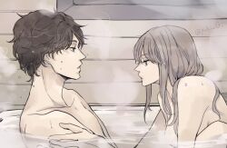 1boy 1girls bath bathing bathtub brown_hair female gintama half-closed_eyes light_brown_hair long_hair looking_at_another male mutsu_(gintama) nude partially_submerged profile sakamoto_tatsuma steam upper_body water wet_hair yuki_g