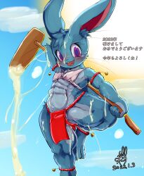 abs absurd_res anthro blue_body blush blush_lines bodily_fluids cheek_tuft chest_tuft clothed clothing cottontail facial_tuft female flat_chested genital_fluids hi_res inner_ear_fluff japanese_text kurasuto_(cottontail) lagomorph leporid long_ears looking_at_viewer mammal muscular muscular_anthro muscular_female muscular_thighs open_mouth purple_eyes pussy_juice rabbit smile solo sweat text thick_thighs tuft whiskers