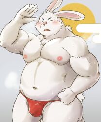 2023 anthro asian_clothing blush bodily_fluids bulge closed_eyes clothing detailed_bulge east_asian_clothing fundoshi hi_res humanoid_hands japanese_clothing kemono lagomorph leporid male mammal musclegut navel nipples rabbit red_clothing red_fundoshi red_underwear shiike999 solo sweat underwear white_body