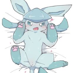 3_fingers 3_toes aroused bed bed_sheet bedding blue_body blue_eyes blue_fur blue_inner_ear blue_sclera blush bodily_fluids censored cute_fangs digital_drawing_(artwork) digital_media_(artwork) dot_nose eeveelution embarrassed feet female feral fingers fluffy fur furniture generation_4_pokemon genitals glaceon glistening glistening_body glistening_fur handpaw heart high-angle_view hindpaw k3 looking_at_viewer lying motion_lines multicolored_body nintendo on_back on_bed open_mouth paw_pose pawpads paws pink_mouth pink_pawpads pink_tongue pokémon_(species) pokemon pokemon_(species) pose prick_ears pupils pussy saliva saliva_string shaded shaking skinny_tail solo spread_legs spreading tail teardrop tears toes tongue trembling twitching two_tone_body white_pupils