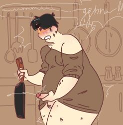 beige_background black_hair blush blush_lines cum cum_drip cum_on_object ear_piercing fat fat_ass glasses grunting holding_object holding_penis kitchen legs_together male_boobs male_only masturbation moaning nightgown nipples_visible_through_clothing orgasm orgasm_face orgasm_from_masturbation overweight_male penis_blush penis_out pubic_hair ring short_hair small_penis solo_male sweating teeth_clenched thick_eyebrows thick_thighs trembling uncut