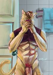 abs absurd_res anthro breasts clothed clothing digital_media_(artwork) domestic_cat felid feline felis fur genitals hair hi_res looking_at_viewer male mammal muscular muscular_anthro muscular_male nipples nude pecs penis puffer_puff solo