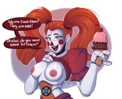 2023 animatronic areola blue_eyes breasts circus_baby_(fnaf) dessert dialogue digital_media_(artwork) english_text exclamation_point female fingers five_nights_at_freddy's five_nights_at_freddy's:_sister_location food holding_food holding_ice_cream holding_object humanoid ice_cream machine mandyfoxy nipples open_mouth question_mark robot robot_humanoid scottgames sister_location solo teeth text tongue white_text