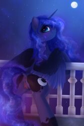 2022 absurd_res alicorn anku_(artist) anus ass biped blue_body blue_eyes blue_feathers blue_hair blue_tail cutie_mark digital_media_(artwork) dock equid equine eyelashes feathered_wings feathers female feral friendship_is_magic genitals hair hasbro hi_res horn long_hair looking_back mammal moon my_little_pony night princess_luna_(mlp) pussy raised_tail smile solo tail wings