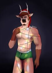 absurd_res anthro antlers barazoku beard circumcised circumcision_scar clothing deer dick_slip digital_media_(artwork) facial_hair gearfox98 genital_scar genitals hat headgear headwear hector_(gearfox98) hi_res holyday horn lights male mammal nipples pecs penis scar shirtless shirtless_male solo underwear