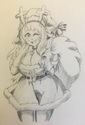 1girls anthro antlers bell belt big_breasts breasts buckteeth christmas christmas_outfit cleavage deer deltarune female female_only freckles freckles_on_face fur furry gloves hand_drawn happy huge_breasts monochrome noelle_holiday pikapika212 reindeer sack santa_hat smile wink