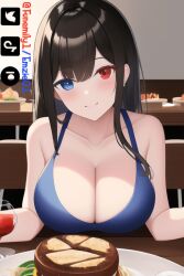 1girls ai_generated artist_self-insert cleavage drink emzie01 food funemily1 heterochromia large_breasts looking_at_viewer nai_diffusion pancake pov stable_diffusion table tagme watermark