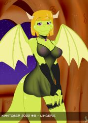 2022 anthro blazing_dragons breasts clothing collar digital_media_(artwork) dragon female fingerless_gloves garter genitals gloves hair handwear hi_res horn jorge-the-wolfdog kinktober lingerie looking_at_viewer nipples nude page_8 princess_flame pussy reptile scalie smile solo topwear translucent translucent_clothing wings