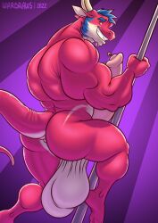 anthro ass balls big_balls big_butt big_penis dragon genital_piercing genitals grin hi_res hyper hyper_genitalia jason_greenwood male_only muscular muscular_anthro muscular_male penis penis_piercing piercing pink_body pole smile solo stripper_pole tail wardraws