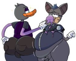 anatid anseriform anthro ass avian bat big_butt bird clothing duck duo feeding food fur genitals grey_body grey_fur hat headgear headwear male male/male mammal overweight penis purple_body purple_fur swankybones toontown_bat toontown_corporate_clash toontown_duck toontown_online toony