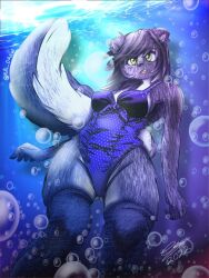 2d 2d_(artwork) anthro artist_name artist_signature black_hair fur furry green_eyes grey_fur open_mouth sarafamily sea serenata_mephitis small_breasts swimsuit tagme thick_ass thmxnsfw underwater white_fur