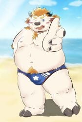 2020s 2023 anthro babe_bunyan beach belly big_belly blush bovid bovine bulge cattle clothing detailed_background detailed_bulge hi_res kemono lifewonders male male_only mammal moobs navel nipples one_eye_closed outside overweight overweight_male raio_owo seaside solo swimwear tokyo_afterschool_summoners wink young