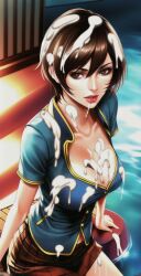 ai_generated brown_eyes brown_hair cleavage cum cum_on_breasts cum_on_hair cum_on_shoulder female fully_clothed large_breasts meiko meiko_(vocaloid) poolside short_hair solo stable_diffusion thick_cum vocaloid water_pool