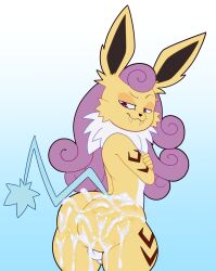 anthro anthrofied ass balls blue_tail bodily_fluids crossed_arms cum cum_on_ass eeveelution fakemon fangs fur furry furry_only fusion genital_fluids genitals hair hi_res hybrid impressed jolteon legendary_pokemon looking_back male male_only neck_tuft nintendo pokémon_(species) pokemon pokemon_(species) pokemon_fusion pokemon_infinite_fusion purple_hair raikou red_eyes solo somescrub striped_body striped_fur stripes tail teeth thick_thighs tuft yellow_body yellow_fur