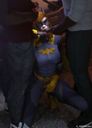 1girls 2boys 3d barbara_gordon batgirl batgirl_(gotham_knights) batman_(series) big_penis cum cum_in_mouth dark-skinned_male dark_skin dc_comics gotham_knights handjob interracial light-skinned_female missed_call mouth_open mouthful multiple_penises phone red_hair standing touching_pussy