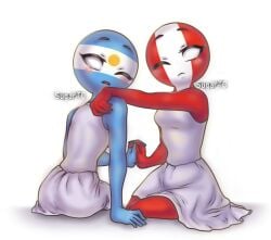 2girls anthro argentina_(countryhumans) countryhumans countryhumans_girl dress female female_only light_blue_body light_blue_skin peru_(countryhumans) red_body red_skin safe simple_background white_background white_clothing wholesome yuri