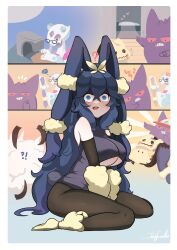 artist_name blue_eyes blue_hair blush bunny_ears bunny_tail bunnysuit cleavage comic confused confusion costume fluffy froslass gengar glasses hex_maniac kneeling large_breasts looking_at_viewer lopunny_(cosplay) mega_lopunny_(cosplay) mimikyu open_mouth pokémon_(species) pokemon pokemon_(cosplay) pokemon_xy question_mark sleeping underboob watermark