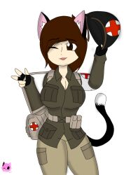 brown_hair female_only fully_clothed medic no_sex original_character winking ww2