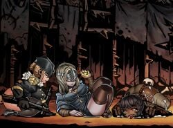 3girls ahoge ass_up black_hair blonde_hair broken_weapon crossover cum dark-skinned_female darkest_dungeon face_down_ass_up fire_keeper gun hair_bun hat light-skinned_female musketeer_(darkest_dungeon) niur occultist_(darkest_dungeon) short_hair tears tongue_out