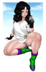 1girls alternate_version_available black_hair blue_eyes dragon_ball dragon_ball_super dragon_ball_z exposed_pussy female female_focus female_only fingerless_gloves footwear gloves light-skinned_female light_skin looking_at_viewer luenartt medium_breasts no_panties shounen_jump videl