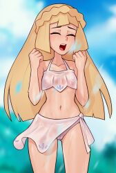 1girls beach bikini blonde_hair cameltoe closed_eyes female female_only light-skinned_female light_skin lillie_(pokemon) long_hair loodncrood nintendo open_mouth pokemon pokemon_sm solo standing wet_bikini wet_skin