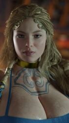 1girls 3d aesir_(norse_mythology) blonde_hair blue_eyes bottom_heavy braided_hair breasts busty close-up curvaceous curvy curvy_figure doublejeckylll eyebrows eyelashes eyes female female_focus female_only front_view god god_of_war god_of_war_ragnarok goddess huge_breasts humanoid indoors jeckylll large_breasts light-skinned_female light_skin long_hair mature mature_female milf mythology norse_mythology sif_(god_of_war) solo sony_interactive_entertainment tattoo tattoos top_heavy voluptuous