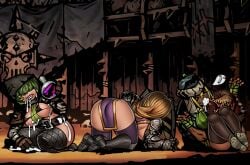 3girls big_breasts blonde_hair cum dark-skinned_female darkest_dungeon green_hair light-skinned_female man_at_arms_(darkest_dungeon) niur plague_doctor_(darkest_dungeon) potion shieldbreaker_(darkest_dungeon)