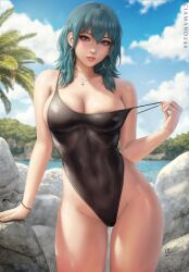 1girls alternate_costume black_one-piece_swimsuit blue_eyes blue_hair breasts byleth_(fire_emblem) byleth_(fire_emblem)_(female) cleavage commentary covered_navel earrings english_commentary female fire_emblem fire_emblem:_three_houses highleg highleg_swimsuit highres hoop_earrings jewelry lake large_breasts lips looking_at_viewer necklace nintendo one-piece_swimsuit outdoors parted_lips sciamano240 solo strap_pull summer swimsuit thigh_gap thighs