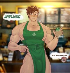 alex_(stardew_valley) apron biceps bulge bulge_through_clothing clothing green_hair half-dressed huge_pecs khanosera male male_only massive_thighs muscular muscular_male pecs solo_focus starbucks stardew_valley text text_bubble