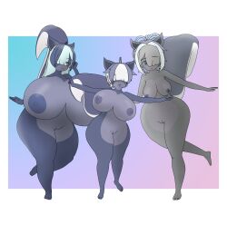 absurd_res alternate_version_at_source anthro ass big_breasts big_butt blue_hair breasts daughter elizabeth_rika_(mrschllyay) family felid feline female fur grey_body grey_fur group hair hair_over_eye hair_over_eyes hi_res holidays huge_breasts hybrid lakie_rika_(mrschllyay) mammal mature_female mephitid mother mother_and_child mother_and_daughter mrschllyay nipples nude one_eye_obstructed parent parent_and_child skunk tail taller_female thick_tail trio valery_rika_(mrschllyay) wide_hips