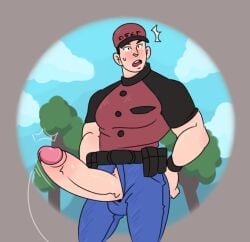 alert big_cock big_penis boner clothed_male courier_(pokemon) embarrassed erect_penis erection gigantic_penis hard_on huge_cock hyper_genitalia male male_only muscles muscular muscular_male outdoors outside penis_out pokemon pokemon_sv shocked tpornomancer uncut