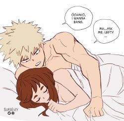 1boy 1boy1girl 1girls asking_for_sex bed bedroom blonde blonde_hair blonde_male brown_hair brown_hair_female brunette dialogue english_text female in_bed inviting inviting_to_sex katsuki_bakugou male male/female muscular muscular_male my_hero_academia nude ochako_uraraka sleepy speech_bubble straight superevey under_sheets waking_up