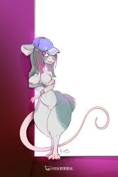 2022 anthro arm_ring breasts clothing colored digital_drawing_(artwork) digital_media_(artwork) digitigrade ears_down english_text female genitals hair hanging_breasts hat headgear headwear hi_res icon kiaun letters long_hair long_tail mammal murid murine pink_eyes pivoted_ears portrait pussy rat rodent shaded signature simple_background solo symbol tail text thick_thighs url white_background