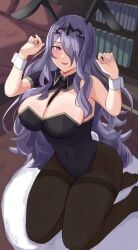 1girls :d absurdres alternate_costume animal_ears arms_up bed bedroom black_leotard black_pantyhose blush book bookshelf breasts bunny_ears bunny_girl bunny_tail bunnysuit camilla_(fire_emblem) cleavage covered_navel cuffs detached_collar fake_animal_ears fake_tail female female_only fire_emblem fire_emblem_fates hair_over_one_eye highres kneeling large_breasts leotard long_hair looking_at_viewer nail_polish nintendo open_mouth pantyhose peli_cantaro playboy_bunny purple_eyes purple_hair purple_nails rabbit_ears rabbit_tail smile solo strapless strapless_leotard tail thick_thighs thighband_pantyhose tie very_long_hair wavy_hair wrist_cuffs