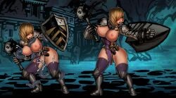 big_breasts blonde_hair blue_eyes cum_inside dagger darkest_dungeon mace man_at_arms_(darkest_dungeon) milking_tentacles niur open_mouth pelvic_curtain pelvic_curtain_aside shield tentacle tentacle_sex