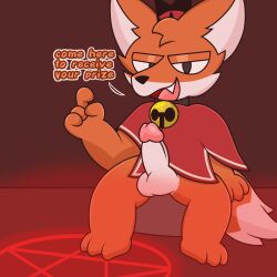 1:1 anthro balls bell canid canine clothed clothing cosplay cult_of_the_lamb digital_media_(artwork) erection fox fur genitals hair happy hi_res looking_at_viewer lyncario male mammal nude open_mouth penis red_crown_(cult_of_the_lamb) simple_background smile text