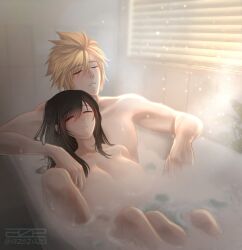 1boy 1girls 2020s 2022 absurd_res artist_name azezazel bangs bath bathing bathroom bathtub black_hair blonde_hair blush breasts closed_eyes cloud_strife collarbone completely_nude completely_nude_female completely_nude_male convenient_censoring couple cursed final_fantasy final_fantasy_vii final_fantasy_vii_remake hi_res indoors large_breasts long_hair male/female nude nude_female nude_male parted_lips plant relaxed sidelocks sitting sitting_on_lap sitting_on_person spiked_hair steam steam_censor sunlight swept_bangs tifa_lockhart twitter_username water wet wholesome