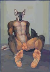 absurd_res anthro barefoot canid canine claws clothing countershaded_feet countershading crab-eating_fox feet flaccid footwear fox fur genitals hi_res legwear male male_focus male_only mammal mroleoso nails nemera no_humans nude penis soles solo_male tail tights toes wrinkles