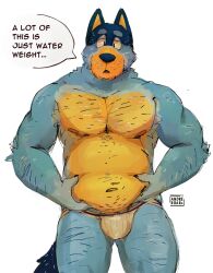 andre_roart anthro bandit_(bluey) bandit_heeler belly belly_grab bluey_(series) furry furry_only holding_belly jockstrap male male_only mature_male pecs solo solo_focus solo_male speech_bubble