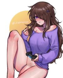 1futa 2022 bare_shoulders big_penis bottomless breasts brown_hair casual casual_nudity chips_(food) clothed clothing comfy cute eating electronics friedcat futa_only futanari game_controller hairclip half-erect half_dressed human intersex knee legs light-skinned_futanari light_skin lips long_hair nails nipples_bulge nipples_visible_through_clothing no_panties painted_nails pale_skin partially_clothed penis penis_out playstation_controller ps4_controller pubic_hair purple_eyes shoulders snack soft_penis solo sweater thick thick_legs thick_thighs thighs trans_woman transfem unique_eyes