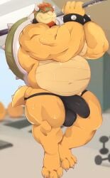 1boy anthro bara belly biceps big_balls big_belly big_penis big_thighs blurry_background bowser bracelet buff bulge daddy exercise flexing furry gym jockstrap lifting_weights male male_only mario_(series) muscular muscular_male muscular_thighs nintendo red_hair solo sweat tail ursso_(artist)