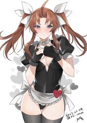 ahoge apron black_gloves black_leotard brown_hair cowboy_shot detached_collar detached_sleeves female fingerless_gloves frilled_apron frills gloves grey_thighhighs hair_ribbon highres kagerou_(kantai_collection) kantai_collection leotard one-hour_drawing_challenge puffy_sleeves ribbon short_sleeves simple_background solo standing strapless strapless_leotard thigh_gap thighhighs toriniku_senshi_chikinman twintails waist_apron white_background white_ribbon