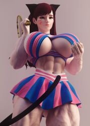 3d abs breasts cat_ears cat_tail d.va dariastrongs dashie116 daz_studio extreme_muscles huge_breasts muscular muscular_female overwatch skirt tennis_ball tennis_racket tennis_uniform